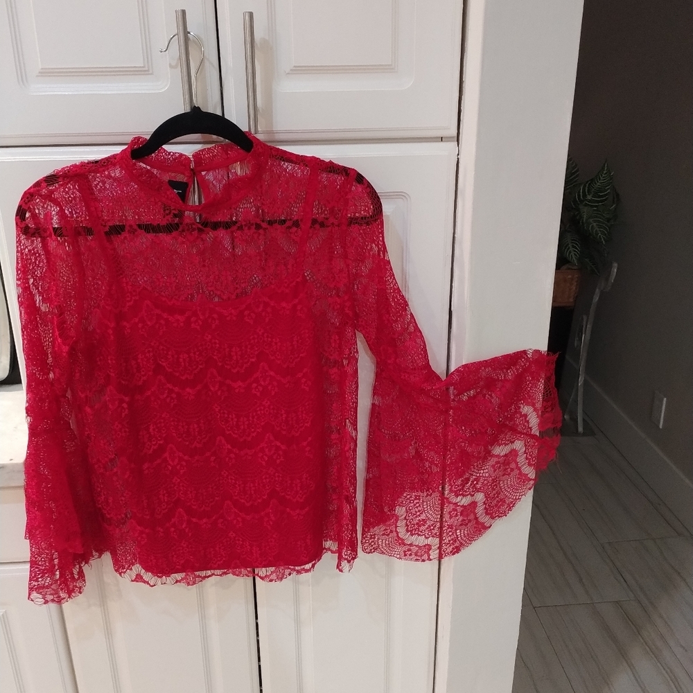 Red Lace Blouse Long sleeve  Size Medium